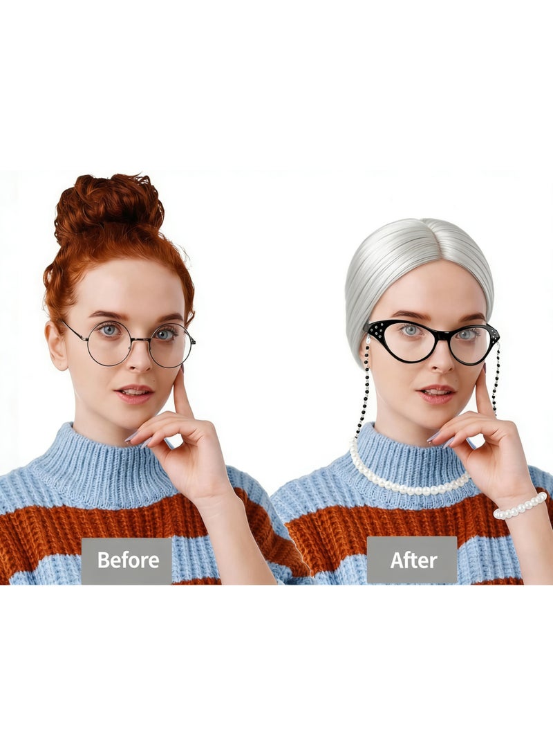 GOGA 7Pcs 100 Days of School Old Lady Wig Cosplay Set, Halloween Granny Costume Party Wigs  Cosplay Supplies - Image 4